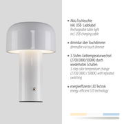 Moderne Akku-Tischleuchte AGNES in Weiß mit Touchdimmer und 3-Stufen-Farbtemperaturwechsel, seitliche Perspektive.