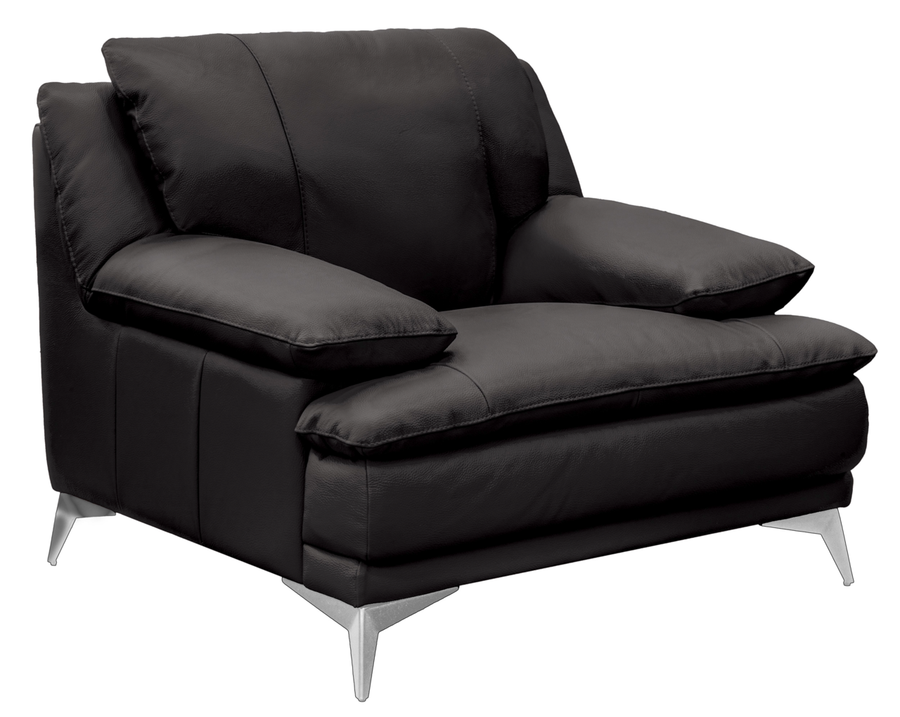 Moderner schwarzer Ledersessel mit Metallfüßen, seitliche Perspektive