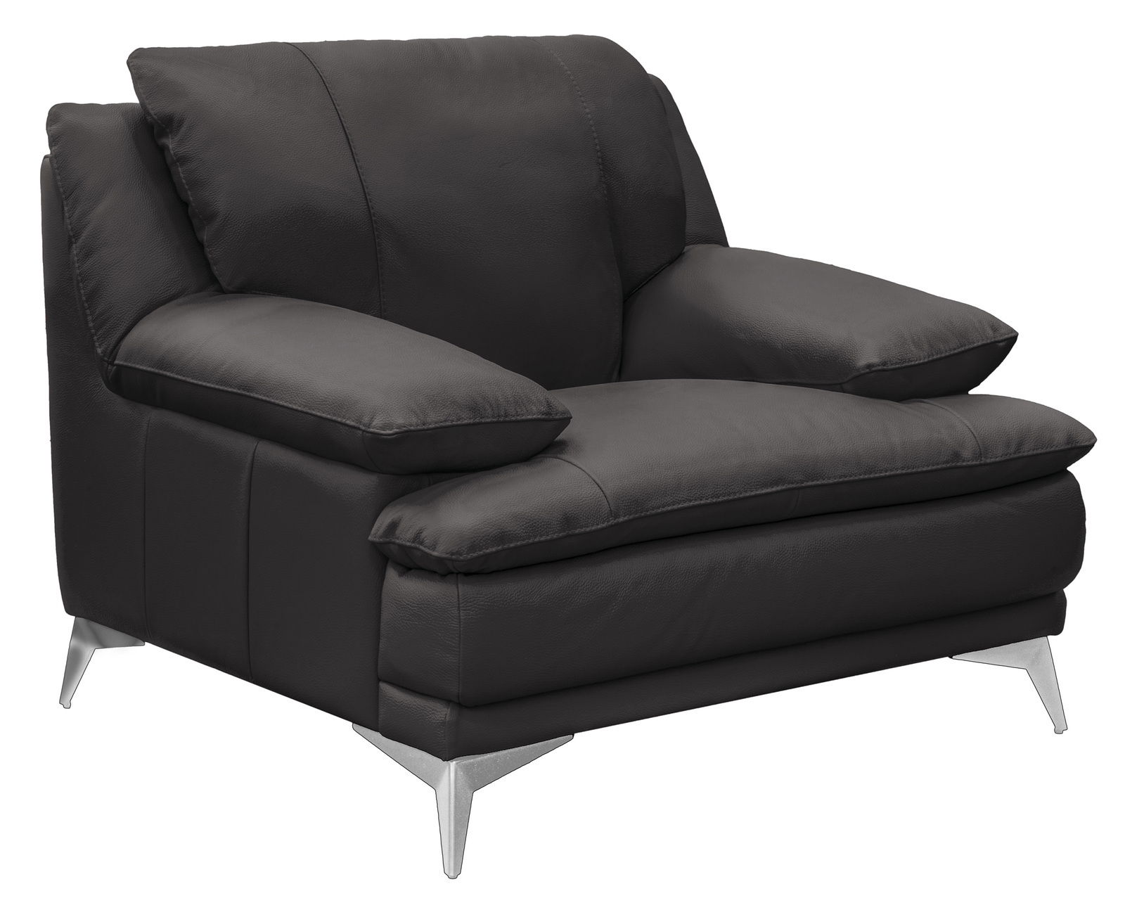 Moderner schwarzer Ledersessel mit Metallfüßen, seitliche Perspektive