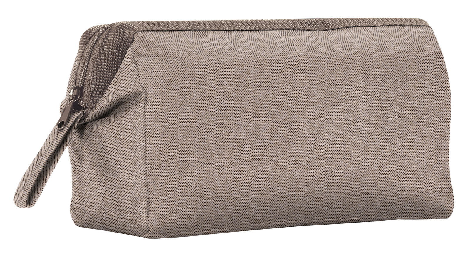 Braune Kosmetiktasche aus Stoff mit Reißverschluss, seitliche Perspektive