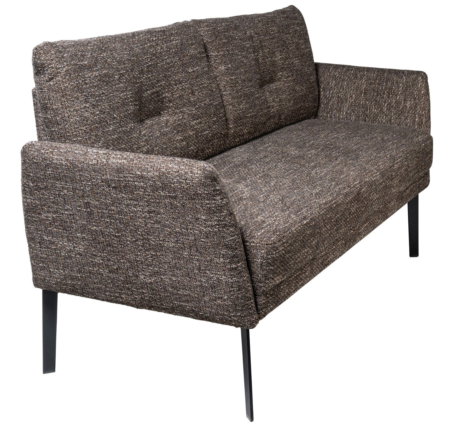 Braune zweisitzige Bank mit Stoffbezug und schwarzen Metallbeinen, seitliche Perspektive