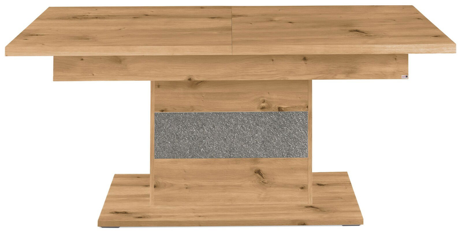 Moderner Funktions-Esstisch aus Holz mit rechteckiger Tischplatte und zentralem Standfuß, Frontalansicht.