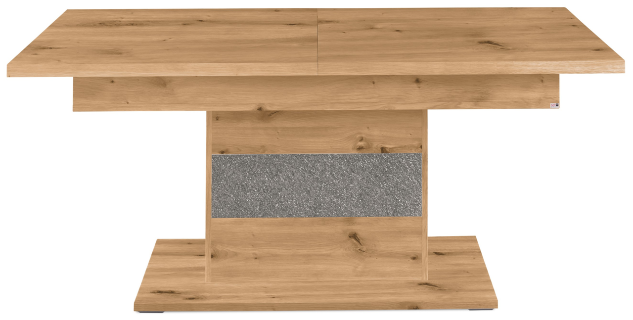 Moderner Funktions-Esstisch aus Holz mit rechteckiger Tischplatte und zentralem Standfuß, Frontalansicht.