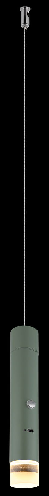 Akku-Pendelleuchte in zylindrischer Form, hängend von der Decke, in einer seitlichen Perspektive.