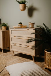 Holz-Sideboard mit drei Schubladen, dekoriert mit Pflanzen, aus seitlicher Perspektive fotografiert.