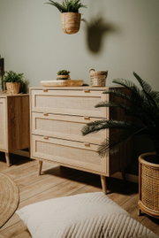 Holz-Sideboard mit drei Schubladen, dekoriert mit Pflanzen, aus seitlicher Perspektive fotografiert.
