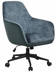 Moderner Drehstuhl in Blaugrün mit gestepptem Muster, seitliche Perspektive