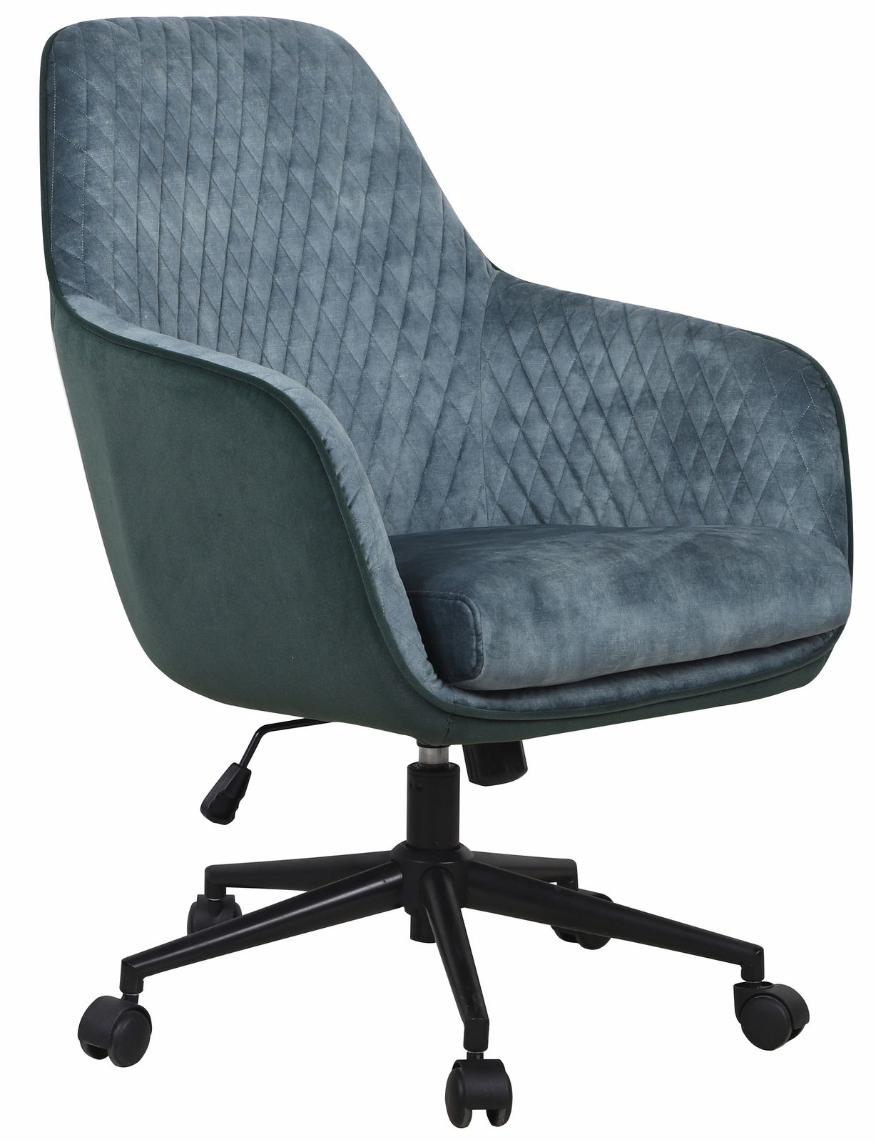 Moderner Drehstuhl in Blaugrün mit gestepptem Muster, seitliche Perspektive