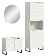 Moderne Badkombination mit weißem Schrank und rundem Spiegel, Frontalansicht