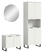 Moderne Badkombination mit weißem Schrank und rundem Spiegel, Frontalansicht