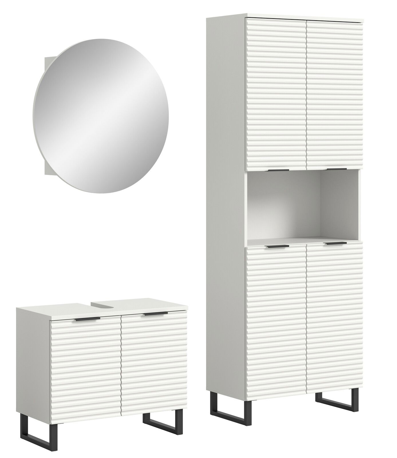 Moderne Badkombination mit weißem Schrank und rundem Spiegel, Frontalansicht