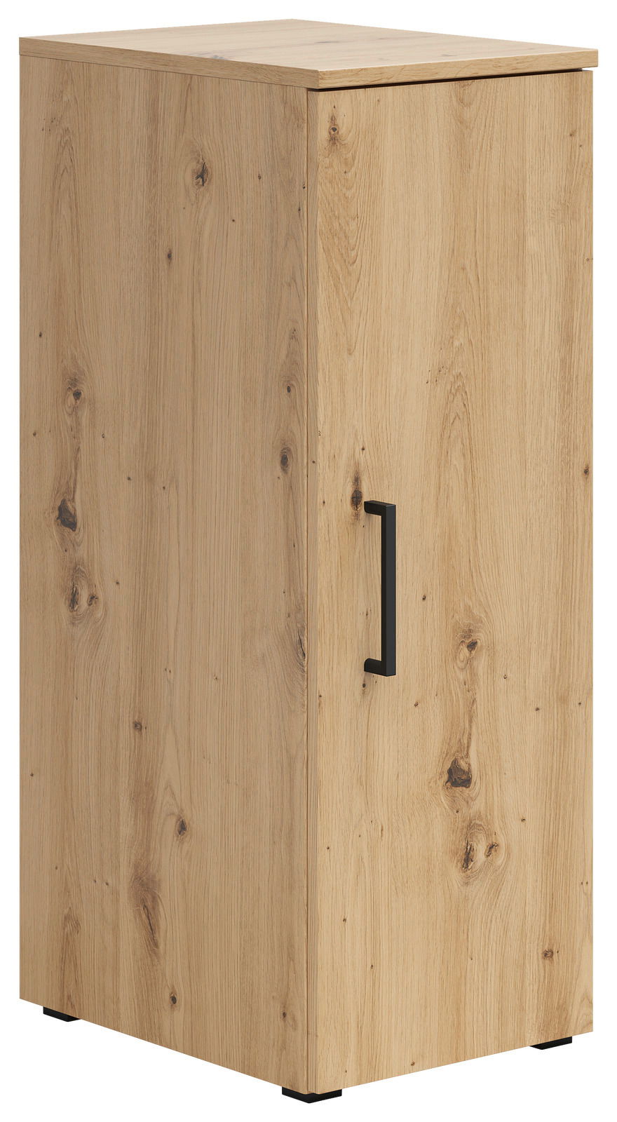 Mehrzweckschrank aus Holz mit natürlicher Maserung, seitliche Perspektive