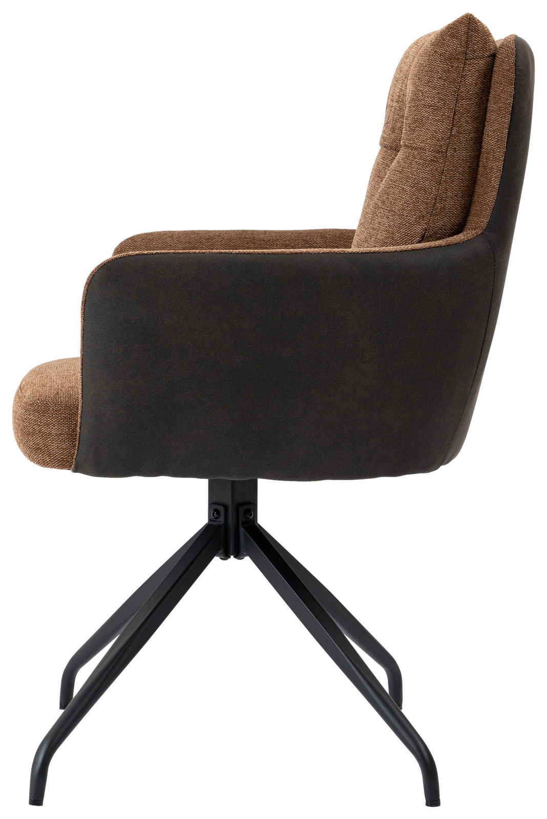Seitenansicht eines Sessels mit braunem Stoffbezug und schwarzem Metallgestell.