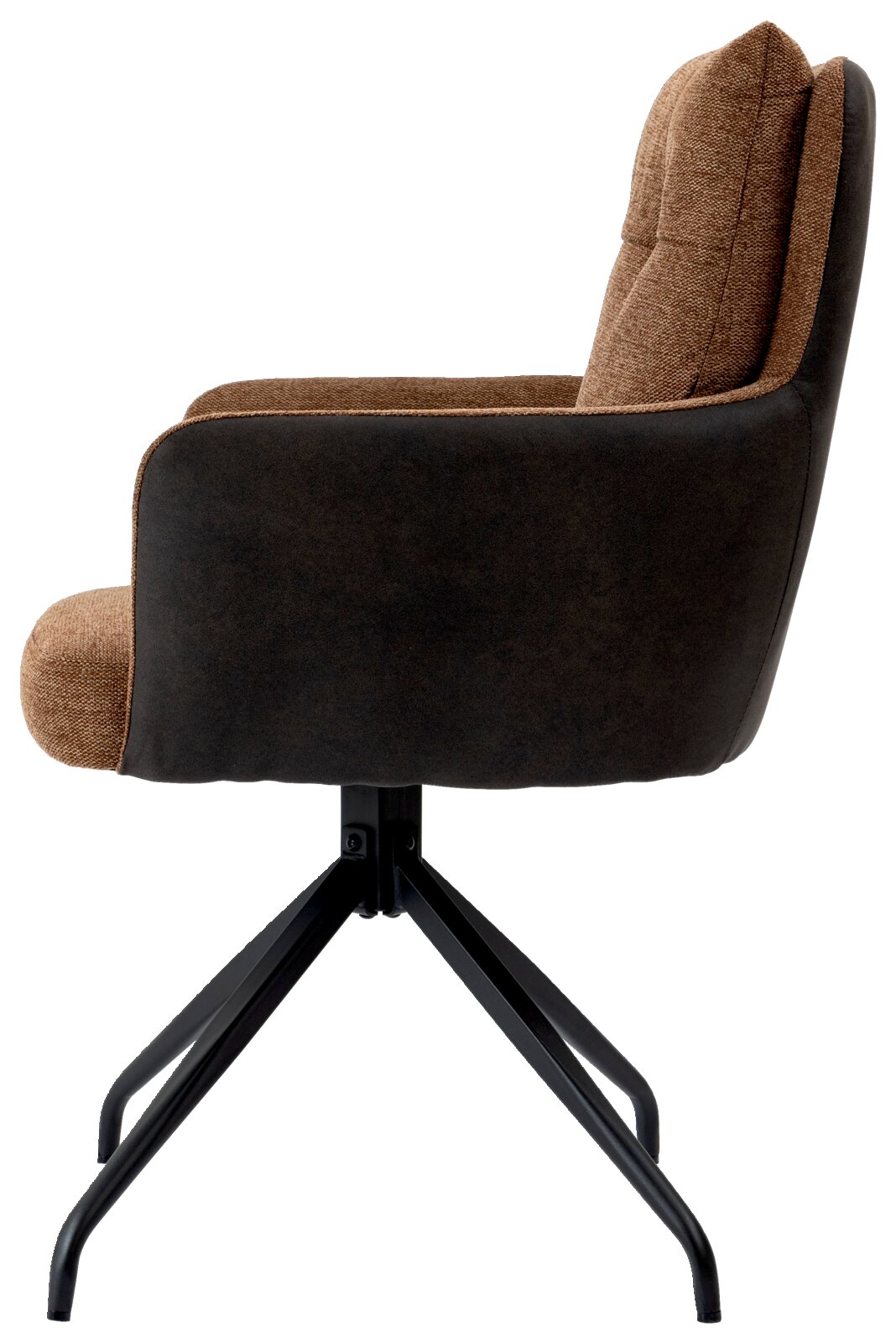 Zijaanzicht van een fauteuil met bruine stoffen bekleding en een zwart metalen frame.