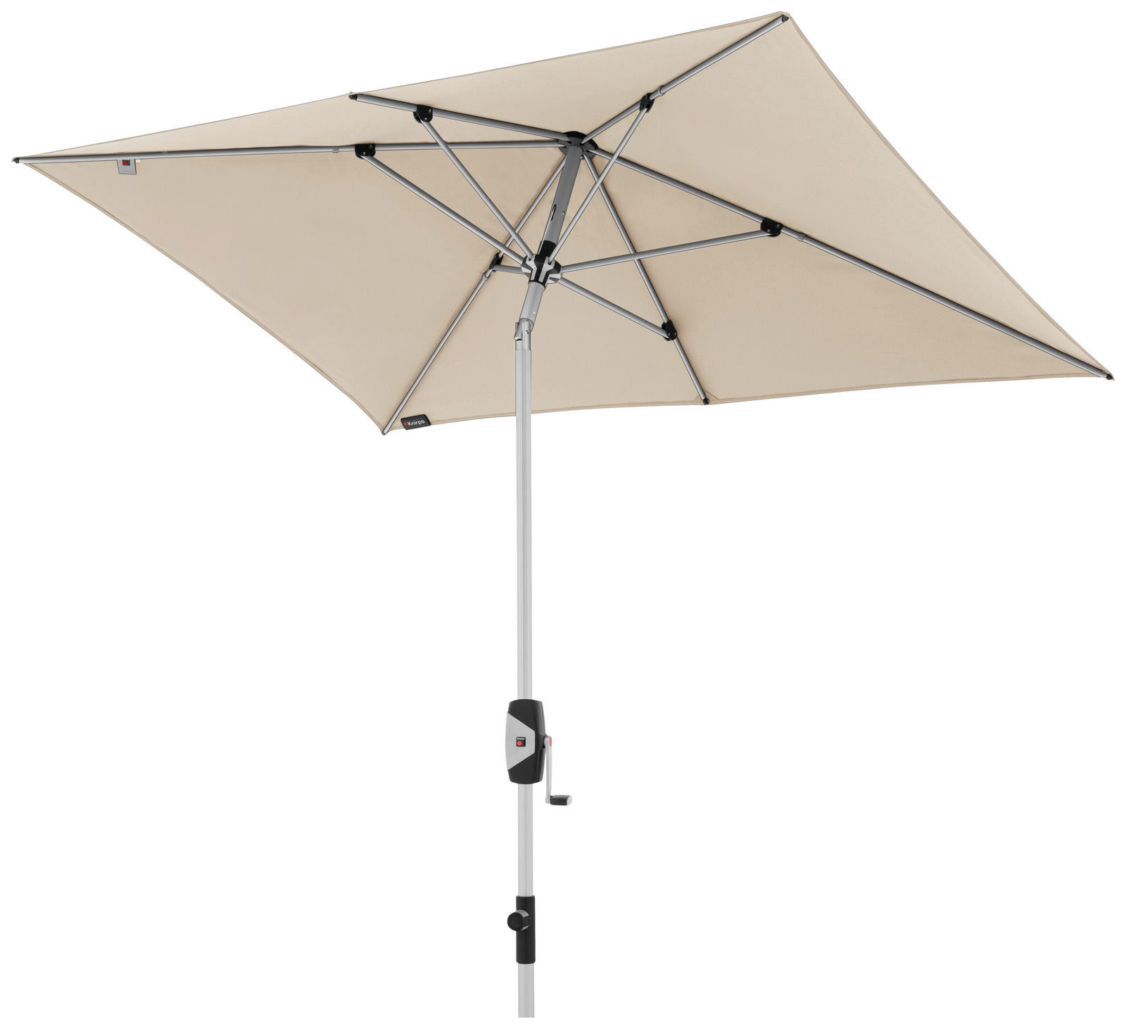 Kurbelschirm 230x150/6-tlg. Serie KNIRPS Beiger Kurbelschirm der Serie KNIRPS, rechteckig, mit silbernem Gestell und Kurbel, seitliche Perspektive.