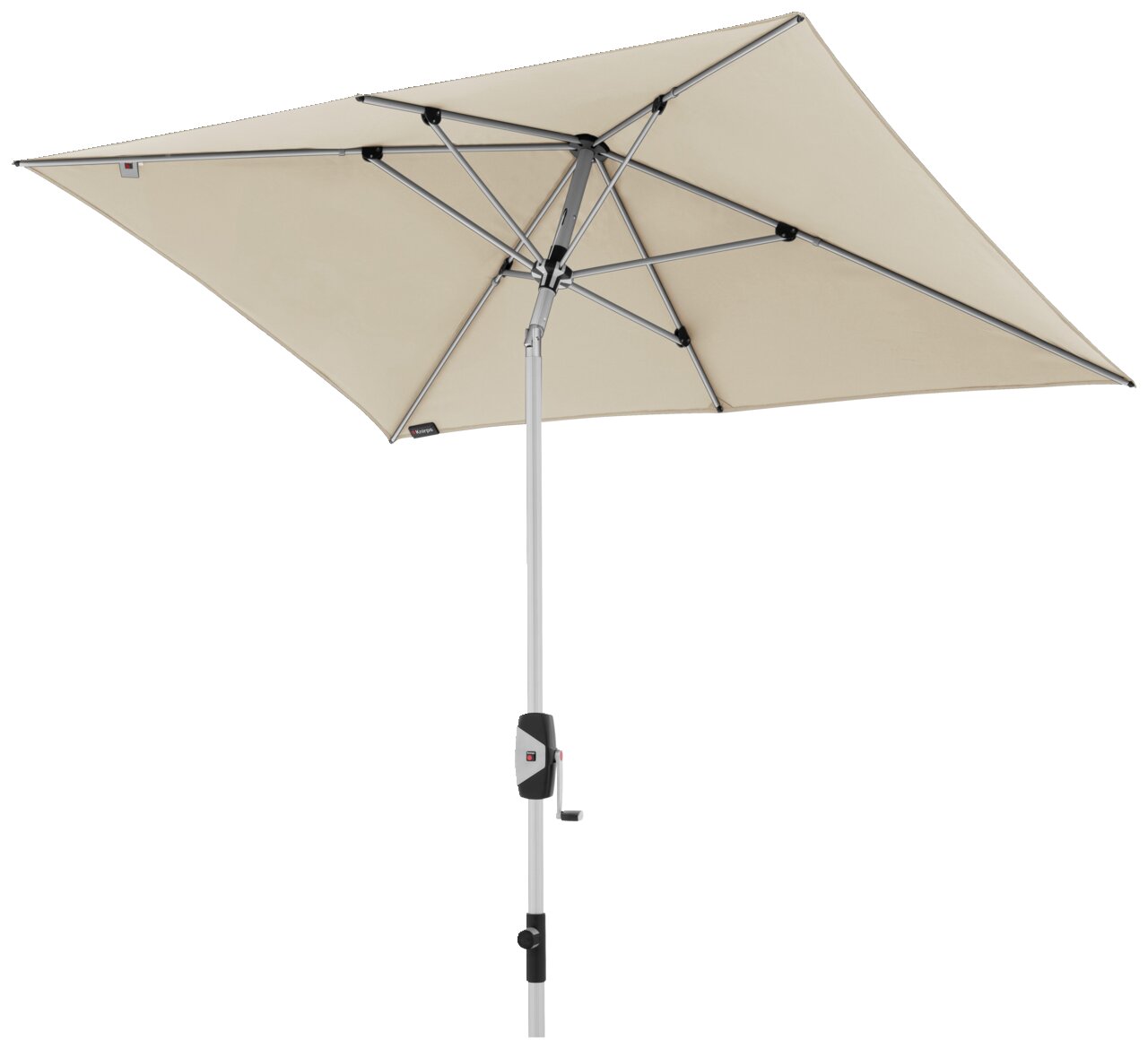 Kurbelschirm 230x150/6-tlg. Serie KNIRPS Beiger Kurbelschirm der Serie KNIRPS, rechteckig, mit silbernem Gestell und Kurbel, seitliche Perspektive.