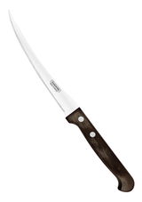 Tomatenmesser mit gezackter Klinge und dunklem Holzgriff, seitliche Ansicht
