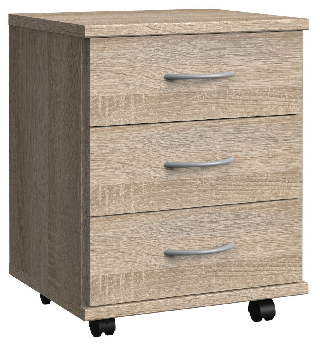 Rollcontainer aus Holz mit drei Schubladen und Rollen, seitliche Perspektive