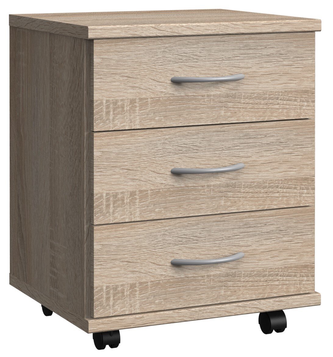 Rollcontainer aus Holz mit drei Schubladen und Rollen, seitliche Perspektive