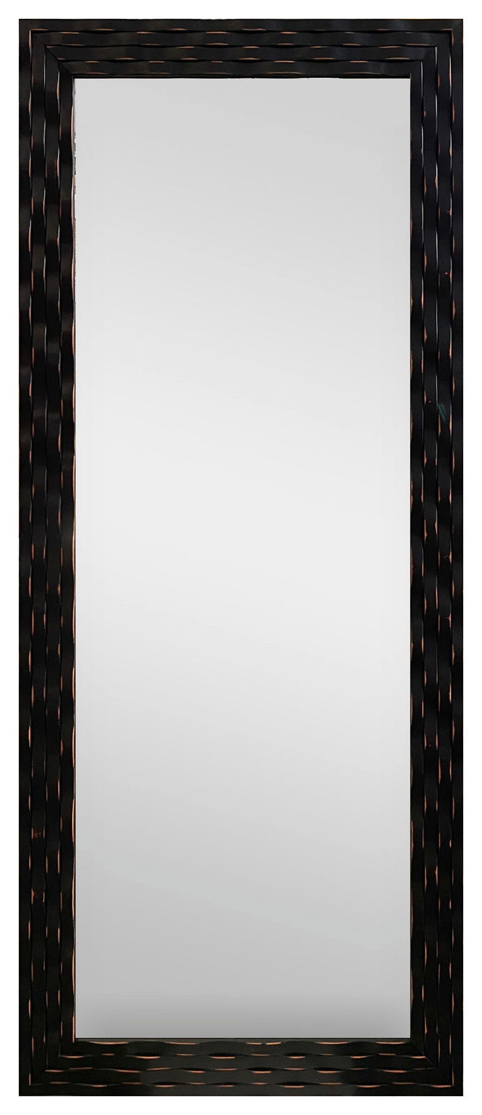 Rechteckiger Spiegel mit dunklem, gemustertem Rahmen, frontal abgebildet.