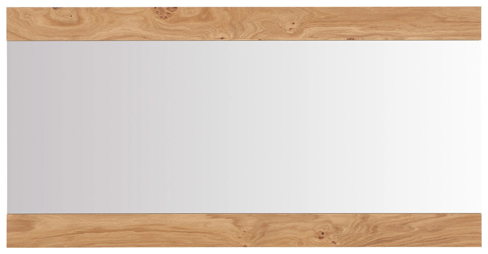 Rechteckiger Spiegel mit Holzrahmen an der oberen und unteren Kante, frontale Ansicht