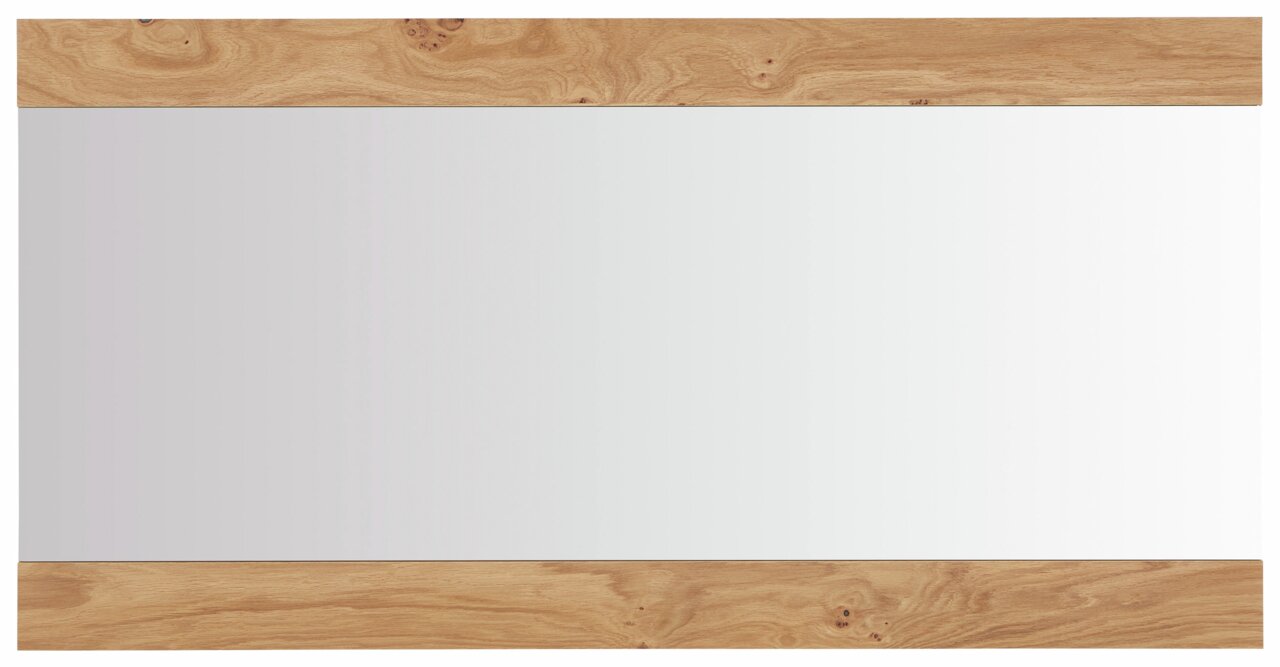 Rechteckiger Spiegel mit Holzrahmen an der oberen und unteren Kante, frontale Ansicht