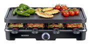 Raclette Grill 8er mit gegrilltem Gemüse und Fleisch auf der oberen Grillplatte, Frontansicht