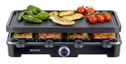 Raclette Grill 8er mit gegrilltem Gemüse und Fleisch auf der oberen Grillplatte, Frontansicht