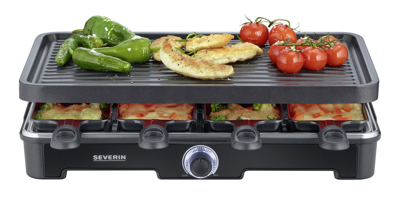 Raclette Grill 8er mit gegrilltem Gemüse und Fleisch auf der oberen Grillplatte, Frontansicht