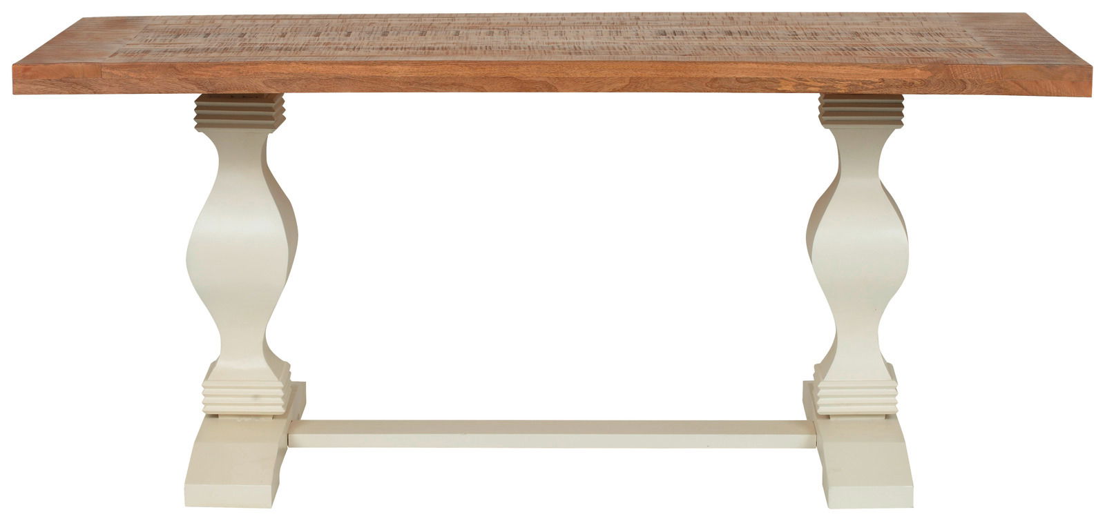 Esstisch mit Holzplatte und weißen, geschwungenen Beinen, Frontalansicht