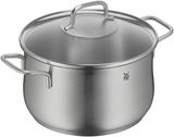 Edelstahlkochtopf mit Deckel und zwei Griffen, seitliche Perspektive