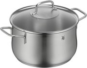 Edelstahlkochtopf mit Deckel und zwei Griffen, seitliche Perspektive