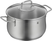 Edelstahlkochtopf mit Deckel und zwei Griffen, seitliche Perspektive