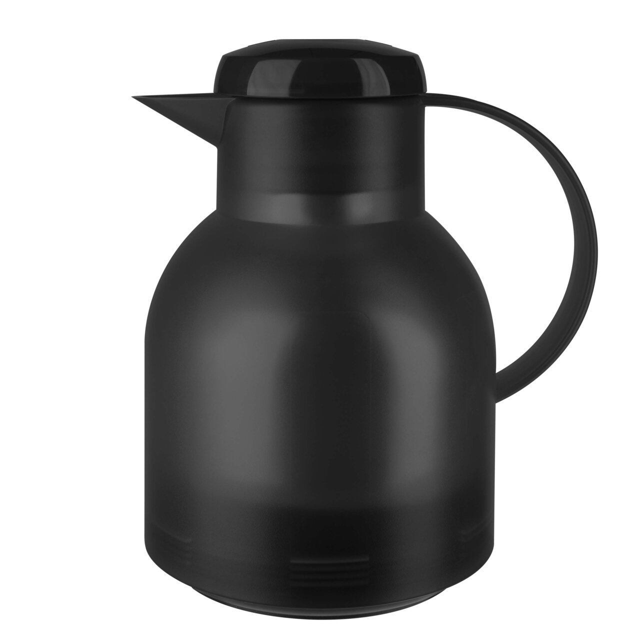 Schwarze Isolierkanne SAMBA, seitliche Perspektive, mit ergonomischem Griff und Ausgießer.
