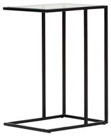 Moderner Beistelltisch mit schwarzem Metallrahmen und Glasplatte, seitliche Perspektive