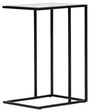 Moderner Beistelltisch mit schwarzem Metallrahmen und Glasplatte, seitliche Perspektive