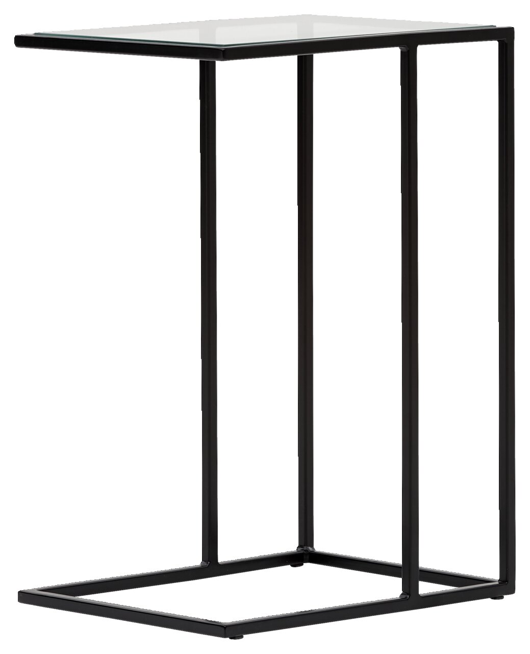 Moderner Beistelltisch mit schwarzem Metallrahmen und Glasplatte, seitliche Perspektive