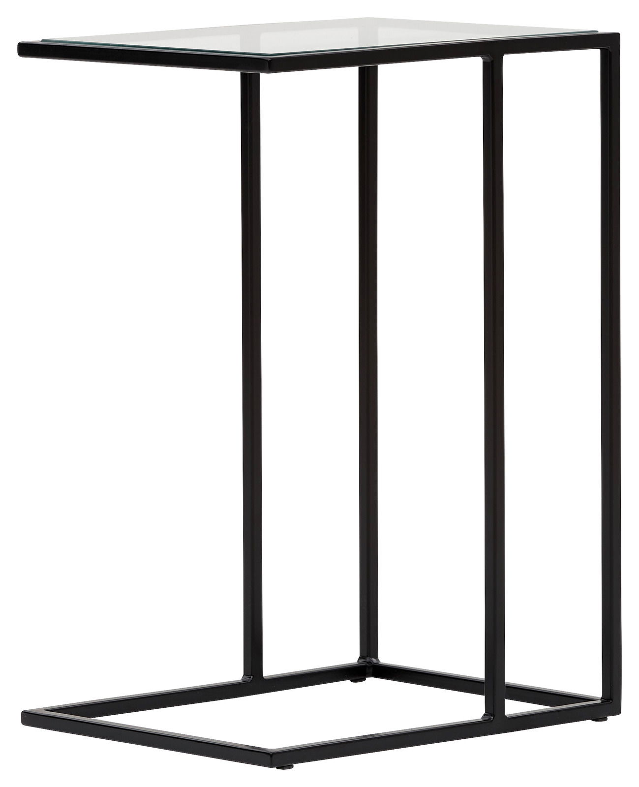 Moderner Beistelltisch mit schwarzem Metallrahmen und Glasplatte, seitliche Perspektive