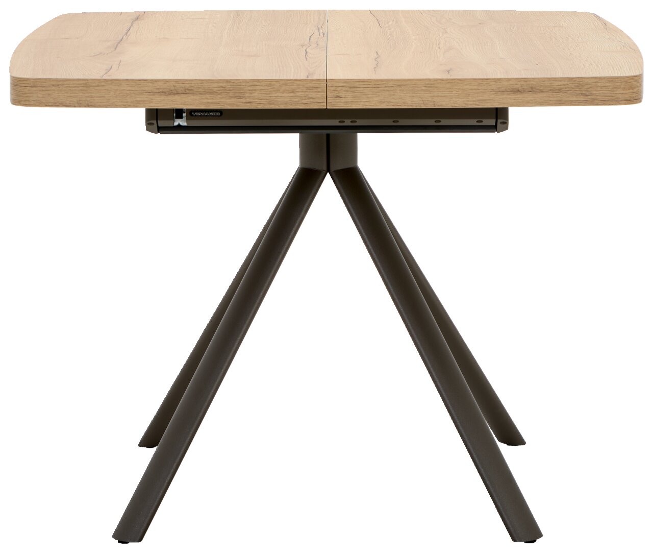 Moderner Esstisch 90x90cm mit Holzplatte und Metallbeinen, seitliche Perspektive