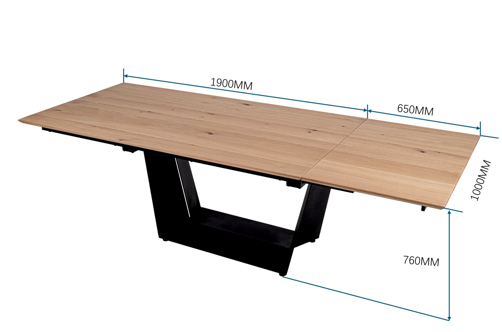 Moderne eettafel met houten blad en zwart metalen onderstel, zijaanzicht