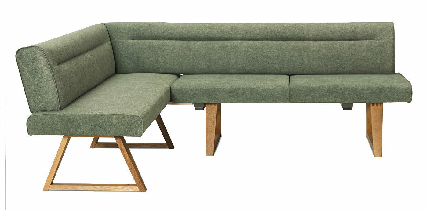 Grüne Eckbank mit Holzbeinen, seitliche Perspektive