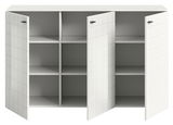 Weißes Sideboard mit drei geöffneten Türen und sechs Fächern, frontale Ansicht