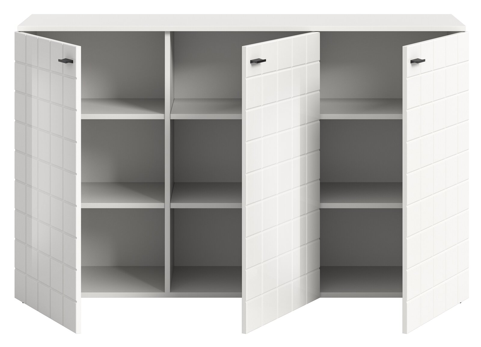 Weißes Sideboard mit drei geöffneten Türen und sechs Fächern, frontale Ansicht