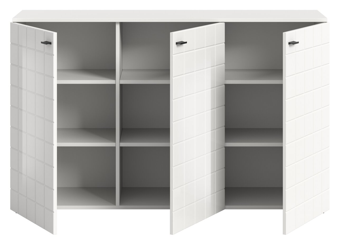 Weißes Sideboard mit drei geöffneten Türen und sechs Fächern, frontale Ansicht