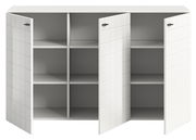 Weißes Sideboard mit drei geöffneten Türen und sechs Fächern, frontale Ansicht