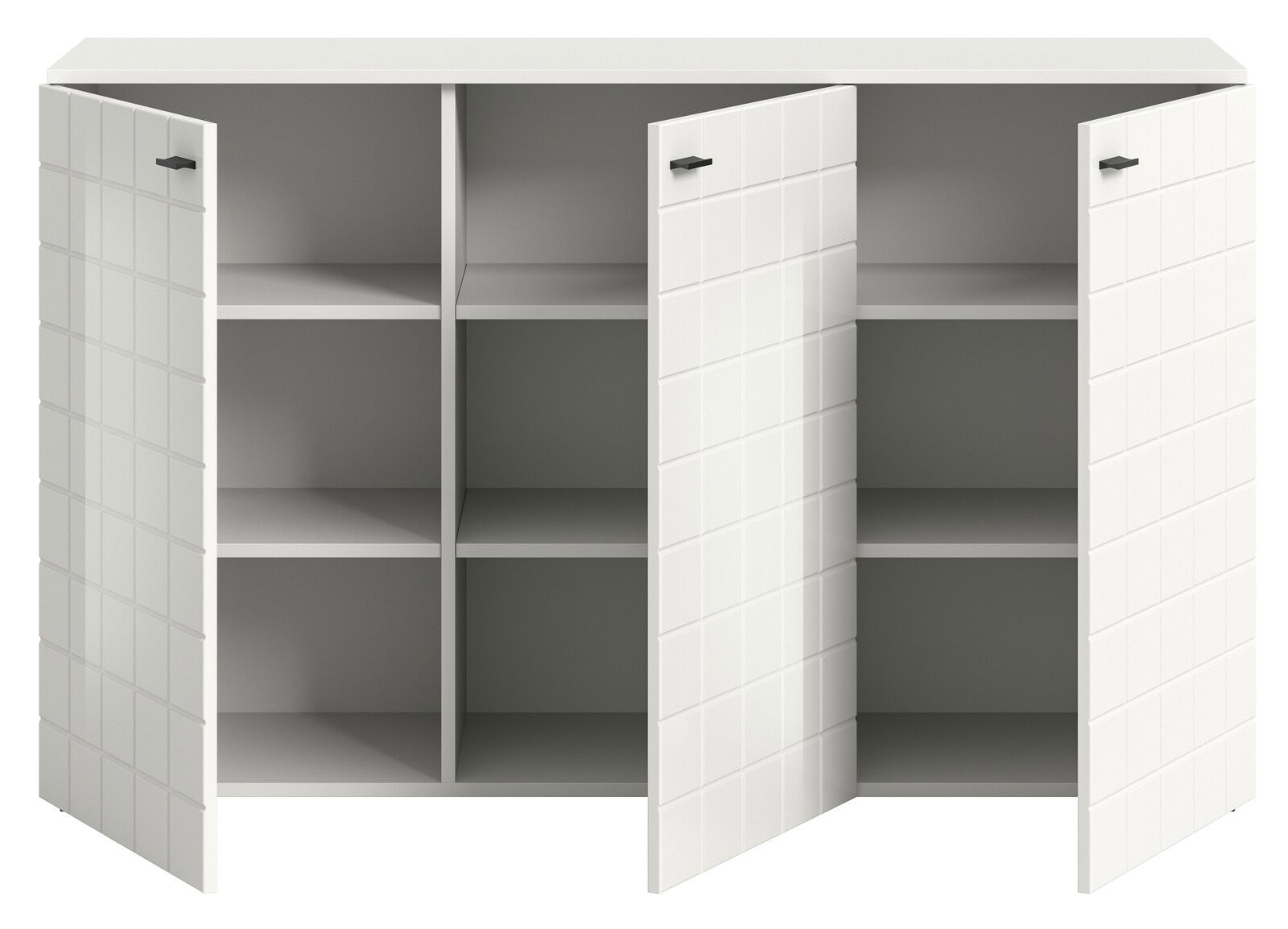 Weißes Sideboard mit drei geöffneten Türen und sechs Fächern, frontale Ansicht