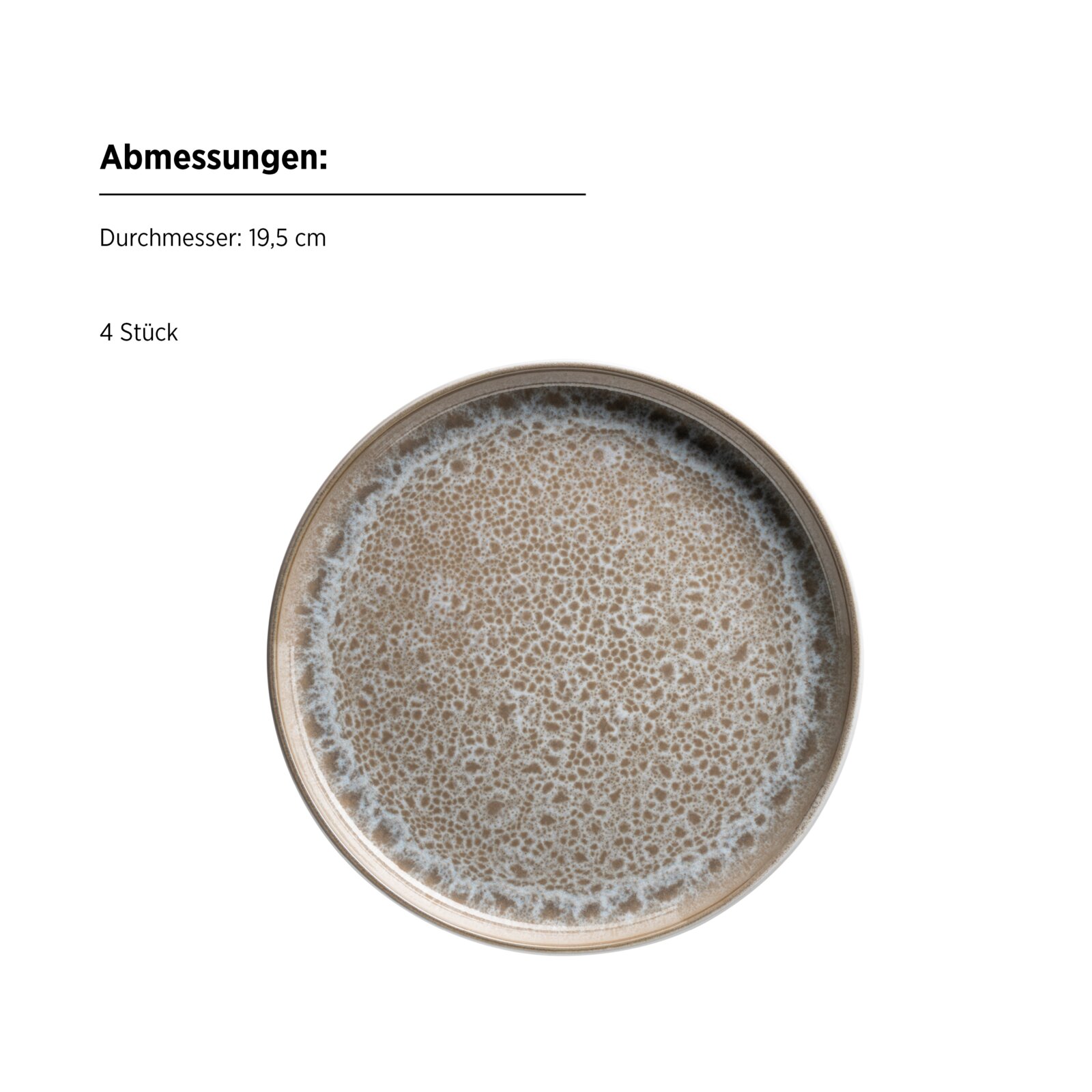 Runder Keramik-Speiseteller in Beige-Grau mit gesprenkelter Glasur, Durchmesser 19,5 cm, Draufsicht von oben