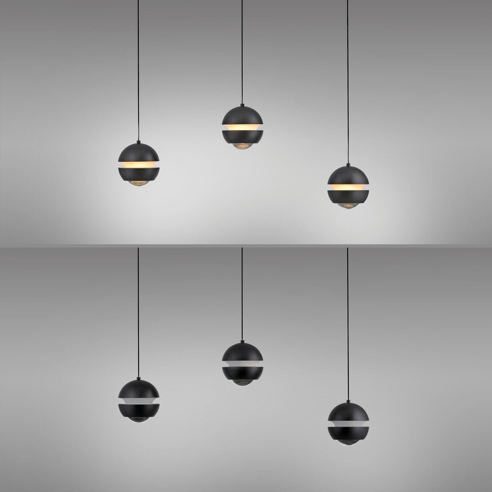 Mehrere moderne, kugelförmige Pendelleuchten in Schwarz mit umlaufendem Lichtband und Glasunterteil, frontal in leichter Untersicht vor grauem Hintergrund