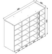 Technische Maßzeichnung eines offenen Regals mit 20 Fächern, 920 × 295 × 675 mm, in schräger Vorderansicht von oben.