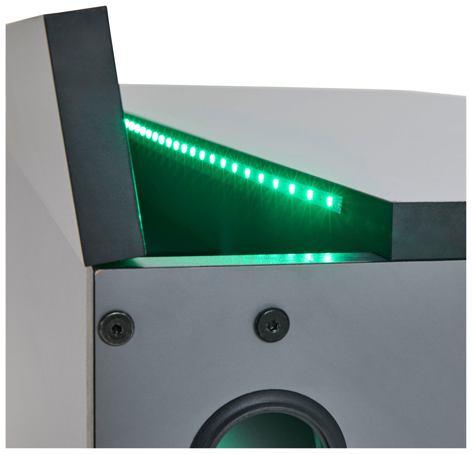 Nahaufnahme einer Beleuchtungseinheit mit grünen LED-Lichtern, seitliche Perspektive